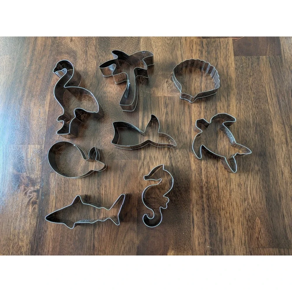 8 Piece Coastal Sea Life Cookie Cutter Set Stainless Steel Shark Turtle Flamingo